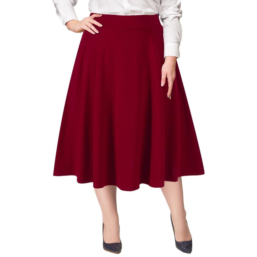 1849 Plus Size Midi Skirt High Elastic Waist A-Line Flared Skater Skirts